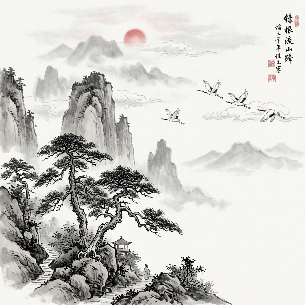 仙路湾机场国风水墨画首屏插画